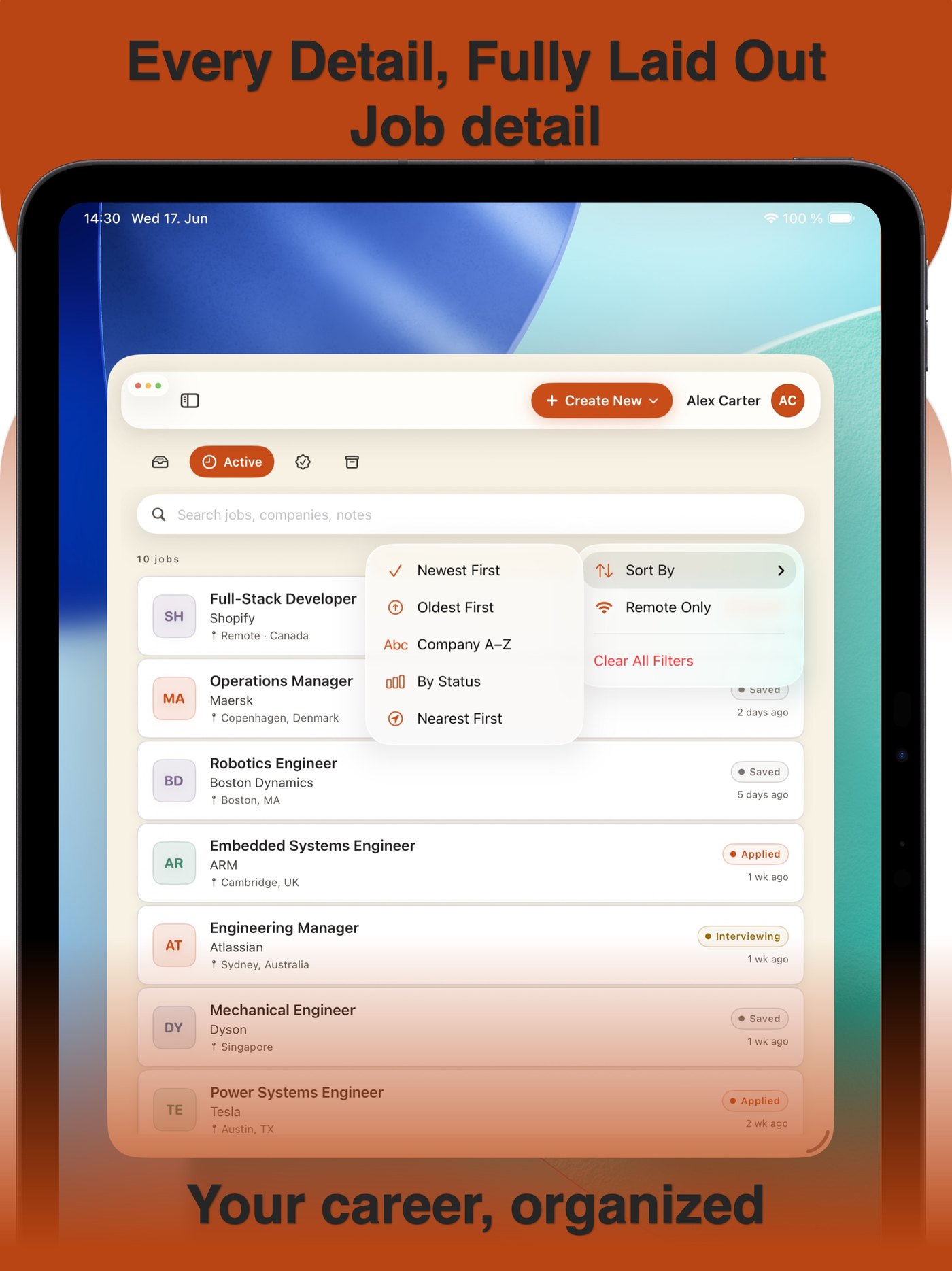 Full job detail laid out on iPad