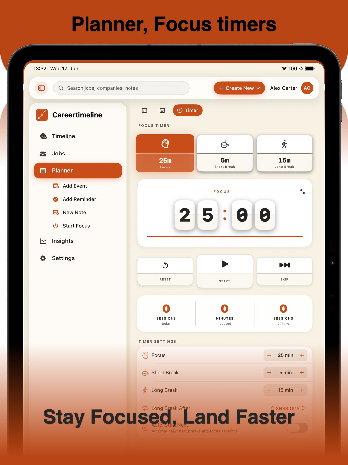 Planner and focus timer on iPad