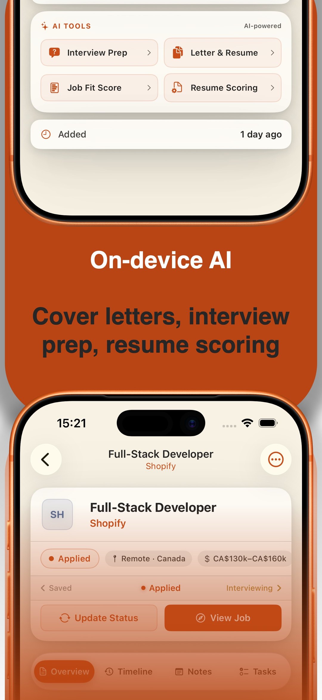 On-device AI — cover letters, interview prep and resume scoring on iPhone